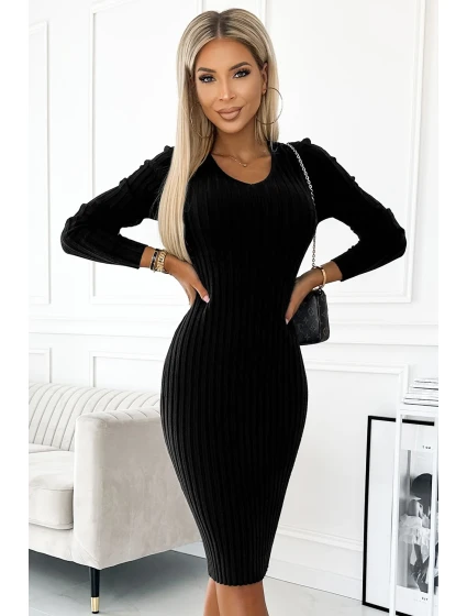 570-1 Pohodlné svetrové šaty se srdíčkovým výstřihem - ČERNÉ 570-1 Pohodlné svetrové šaty se srdíčkovým výstřihem - ČERNÉ