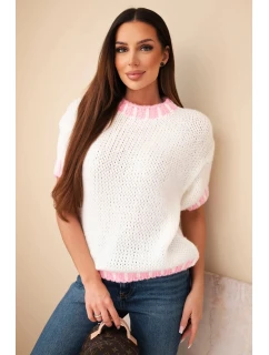 Dámský svetr s krátkým rukávem a kontrastním lemem ecru