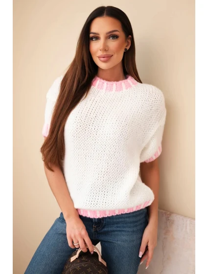Dámský svetr s krátkým rukávem a model 21949246 lemem ecru - K-Fashion