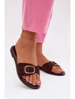 Dámské pantofle na ploché podrážce se zlatou sponou čokoládové Selivelle