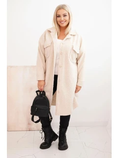 Dámský kabát Plus Size s vlnou na knoflíky s kapsami a límcem světlé béžové