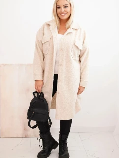 Dámský kabát Plus Size s vlnou na knoflíky s kapsami a límcem světlé béžové