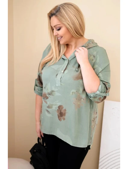 Dámská blůza Plus Size z viskózy s kapucí a květinovým vzorem khaki