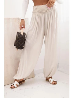 Dámské viskózové kalhoty s širokými nohavicemi a volánky béžový