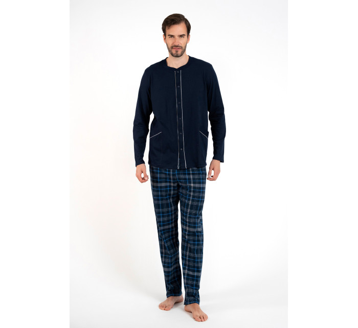 Pánské pyžamo Jakub, dlouhý rukáv, dlouhé kalhoty - tmavě modrá/potisk