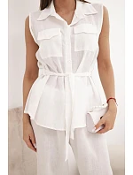 Dámský komplet s vázanou halenkou a širokými kalhotami ecru