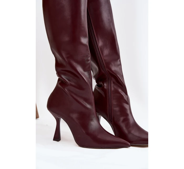 Dámské kozačky na podpatku nad koleno bordó model 21709040 - Boto