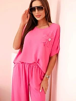 Dámský komplet z viskózy s ozdobným květem a širokými kalhotami - růžový