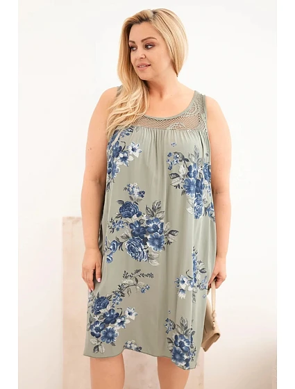Dámské šaty Plus Size z viskózy s květinovým vzorem a krajkovým vrškem khaki Dámské šaty Plus Size z viskózy s květinovým vzorem a krajkovým vrškem khaki
