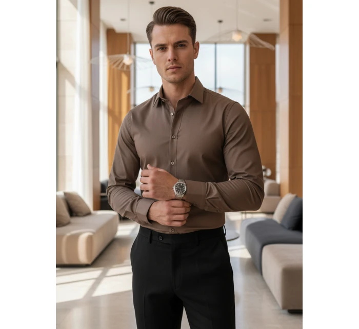 Pánská elegantní hladká hnědá košile REGULAR FIT FashionStreet DX2684