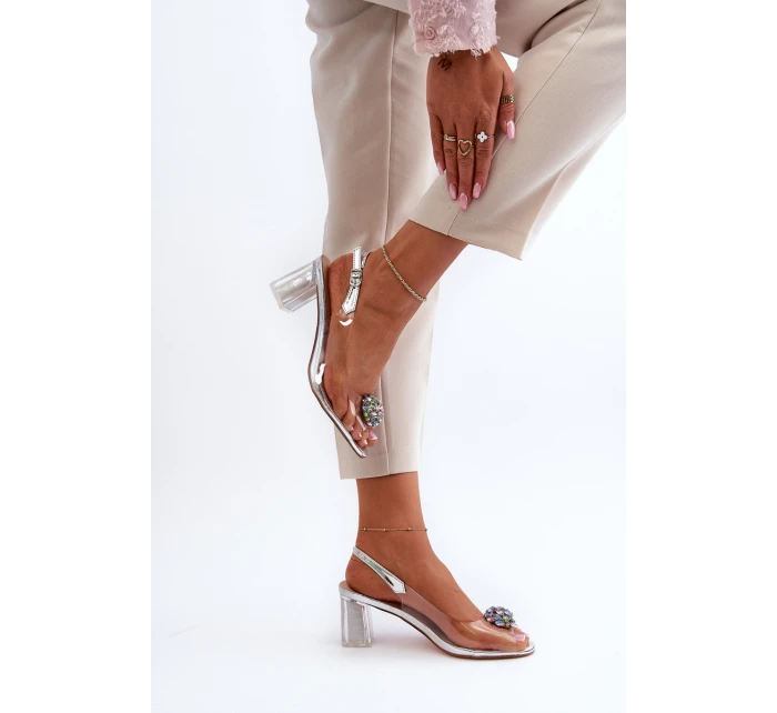 Průhledné sandály na podpatku s ozdobou stříbrné D&A MR38-454