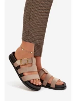 Dámské pantofle s pásky a zlatým přezkou béžové model 21919132 - Boto