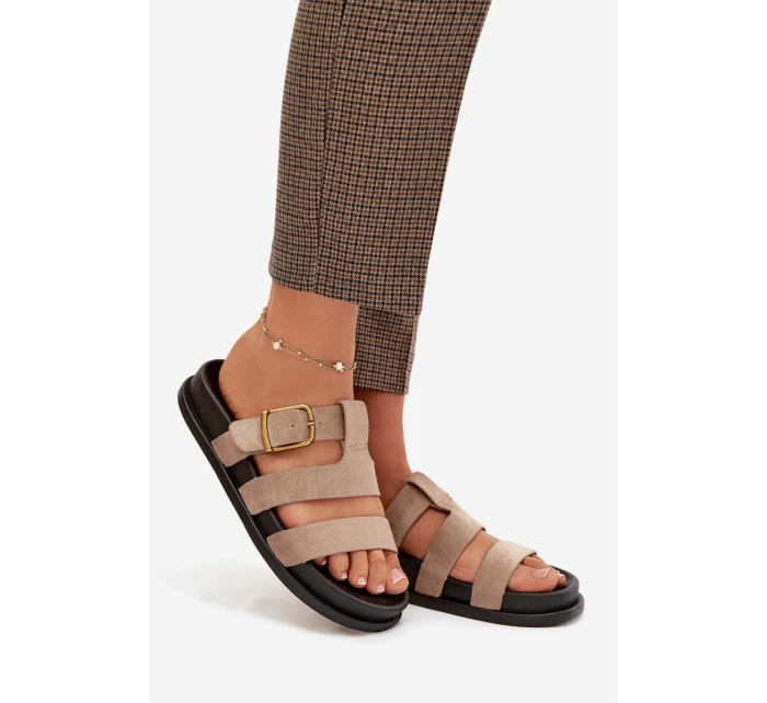 Dámské pantofle s pásky a zlatým přezkou béžové model 21919132 - Boto