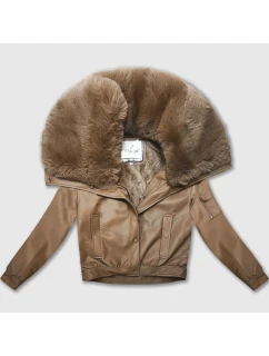 Kožená bunda ve velbloudí barvě s velkým kožešinovým límcem Glakate (LU98090#)