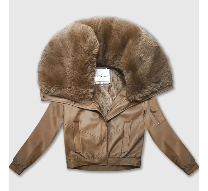 Kožená bunda ve velbloudí barvě s velkým kožešinovým límcem Glakate (LU98090#) Kožená bunda ve velbloudí barvě s velkým kožešinovým límcem Glakate (LU98090#)