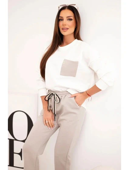 Dámský komplet máslový s kontrastní kapsou tmavě béžový