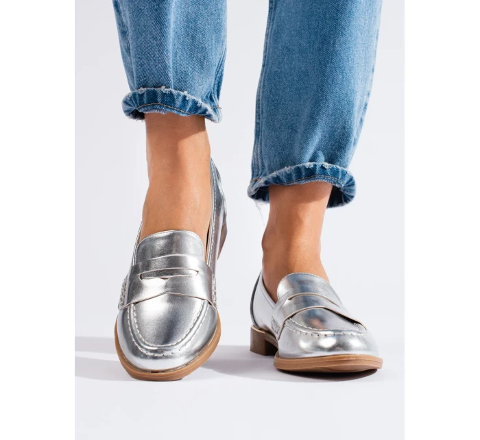 Trendy  mokasíny stříbrné dámské bez podpatku
