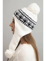 Dámská zimní vlnená čapka s ušnicemi a bambulkami K436 bílá