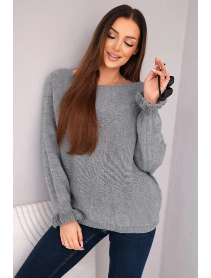 Svetr dámský z mohéru s nařasenými rukávy a výstřihem na zádech tmavě šedý