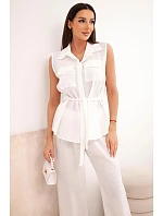 Dámský komplet s vázanou halenkou a širokými kalhotami ecru