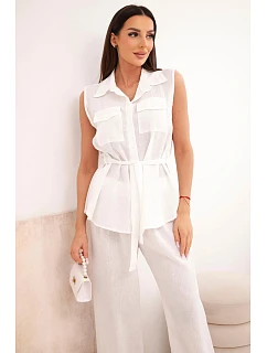 Dámský komplet s vázanou halenkou a širokými kalhotami ecru