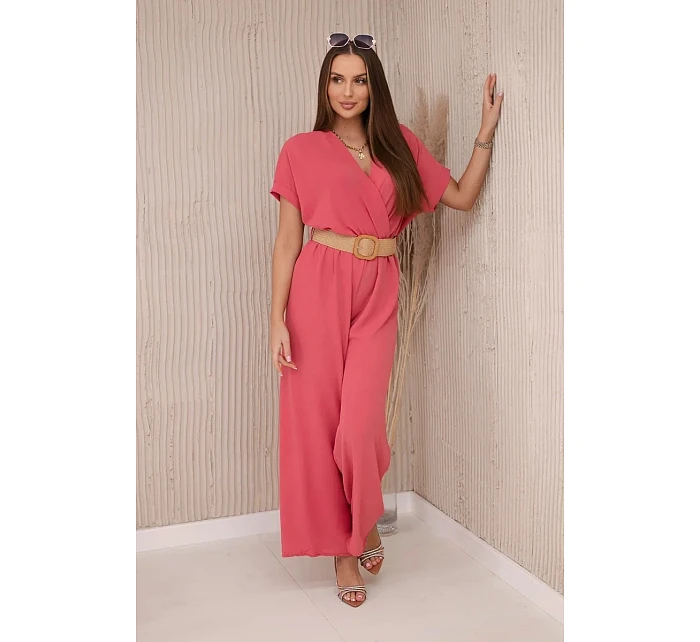 Kombinéza s ozdobným páskem v pase korálový Kombinéza s ozdobným páskem v pase korálový