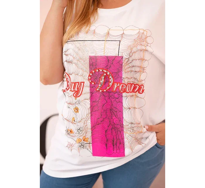 Dámská bavlněná halenka Plus Size s potiskem  bílá + růžová model 21175967 - K-Fashion