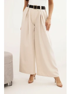 Dámské kalhoty s širokou nohavicí a páskem světlé béžové