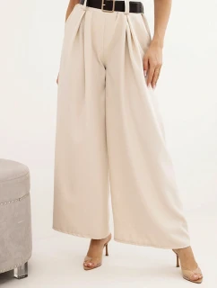 Dámské kalhoty s širokou nohavicí a páskem světlé béžové