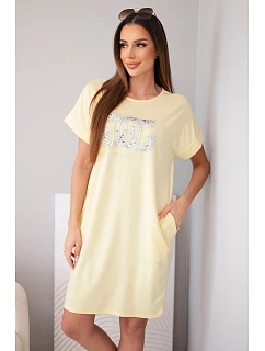 Dámské viskózové šaty s krátkým rukávem a ozdobným potiskem žlutá