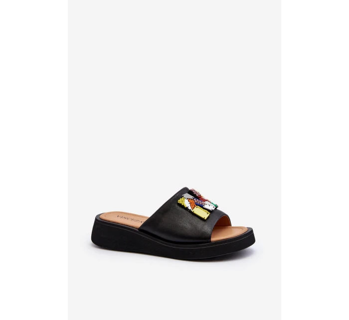 Dámské kožené žabky s ozdobou černé Asames