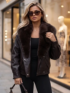 Dámská zimní kožená bunda s kožešinou, hnědá, FashionStreet TY6027