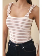 Dámská žebrovaná proužkovaná halenka na ramínkách s volánkem tmavě růžová