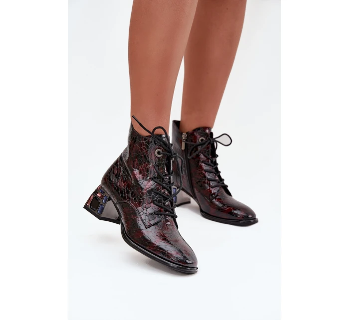 Lakované dámské z pravé kůže na podpatku s krystaly  bordó model 21712417 - Artiker