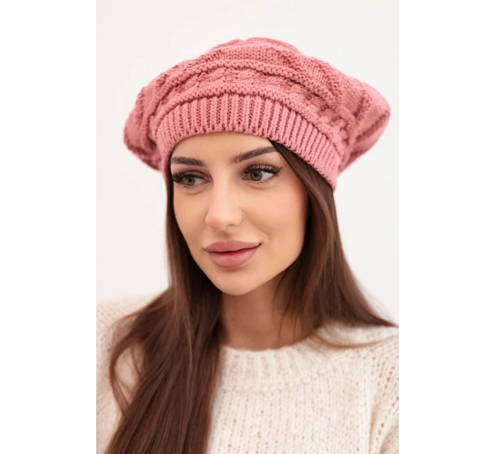 Dámská zimní čepice z vlny volného střihu s ozdobným vzorem K378 tmavě růžová