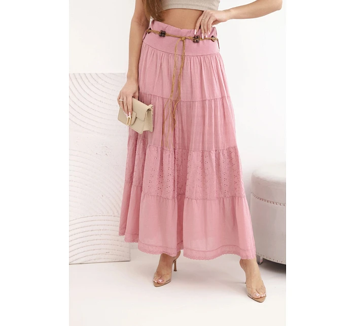 Dámská maxi bavlněná sukně s ažurovou výšivkou a elastickým pasem tmavě růžová