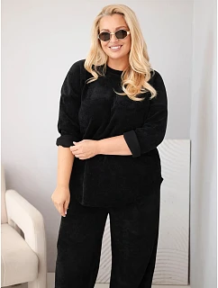 Dámský komplet Plus Size z viskózy manšestr s širokými kalhotami a mikinou černý