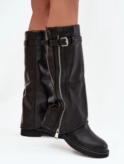 Dámské kozačky s ohrnovaným svrškem, sponou a stříbrným zipem, zateplené Bressa – černé