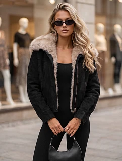 Dámská zimní semišová bunda s kožešinou, černá, FashionStreet TY5697