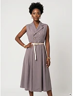 model 22214885 Elegantní midi košilka se zlatými knoflíky a páskem šedá - numoco basic model 22214885 Elegantní midi košilka se zlatými knoflíky a páskem šedá - numoco basic