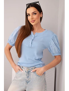 Dámská bavlněná žebrovaná halenka s nabíraným rukávem a knoflíčky modrá