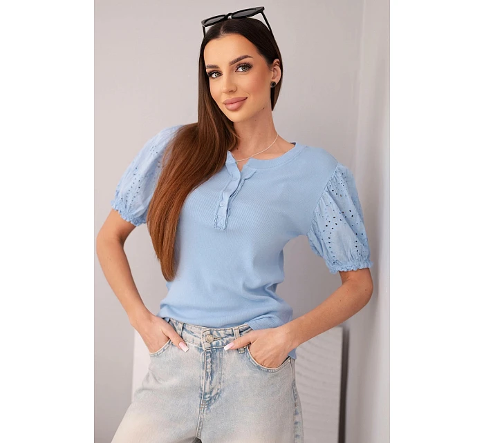 Dámská bavlněná žebrovaná halenka s nabíraným rukávem a knoflíčky modrá