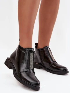 Lakované zateplené dámské kotníkové boty na nízkém podpatku model 21713544 Černé - S.Barski