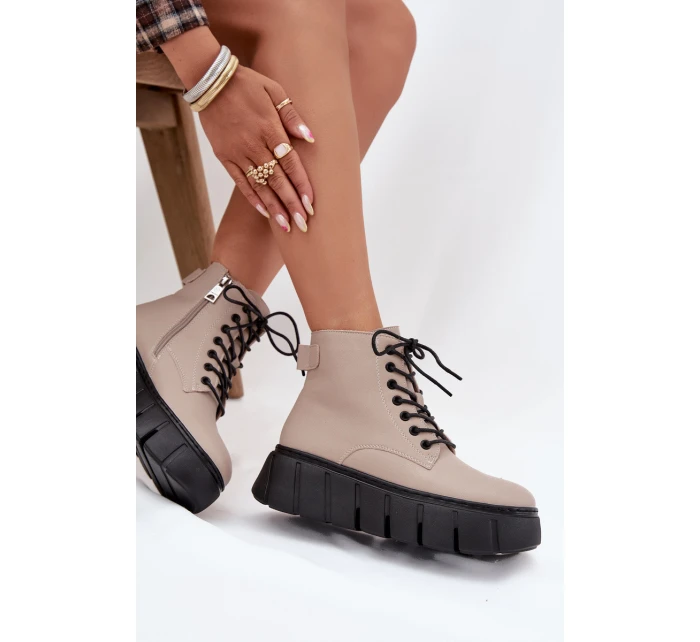 Kožené zateplené dámské kotníkové boty na platformě model 21707594 béžové - VINCEZA