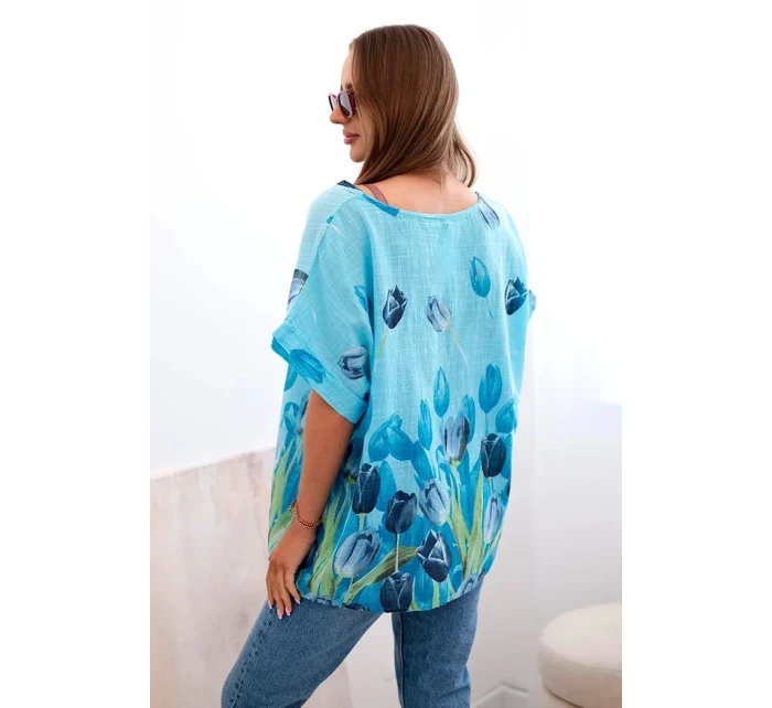 Dámská bavlněná košile s květinovým vzorem modrý