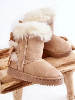 Dětské Teplé Sněhule Semišové s Mašlemi Světle béžove Funky