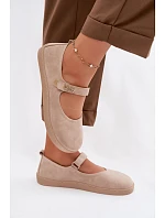 Kožené semišové baleríny Barefoot s páskem Zazoo 10206 béžové
