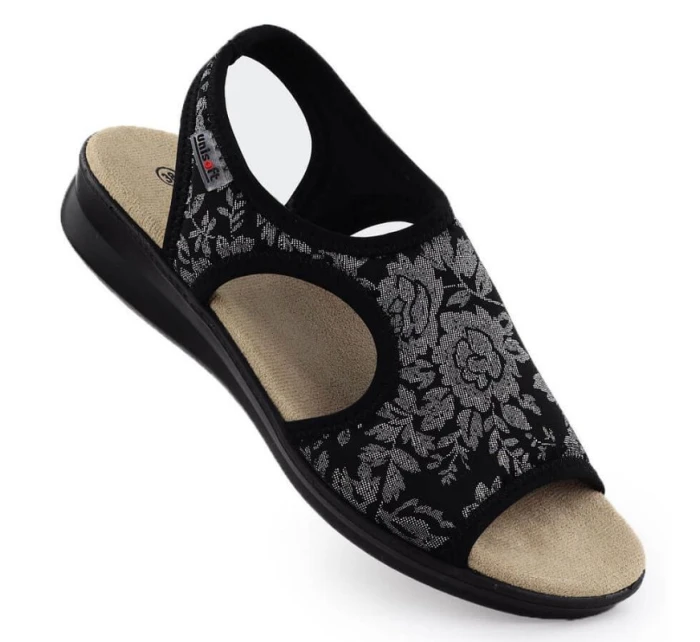 Dámské elastické květinové sandály s vysokým sedem černé Unisoft 7196