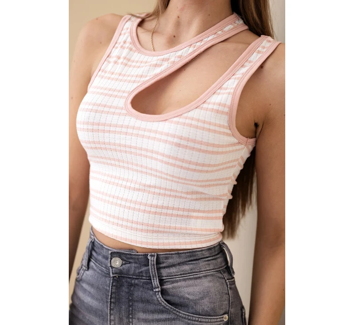 Dámský pruhovaný žebrovaný top bez rukávů s výstřihem pudrově růžová