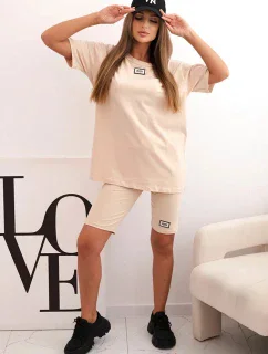 Dámský bavlněný komplet s krátkým rukávem a šortkami béžový